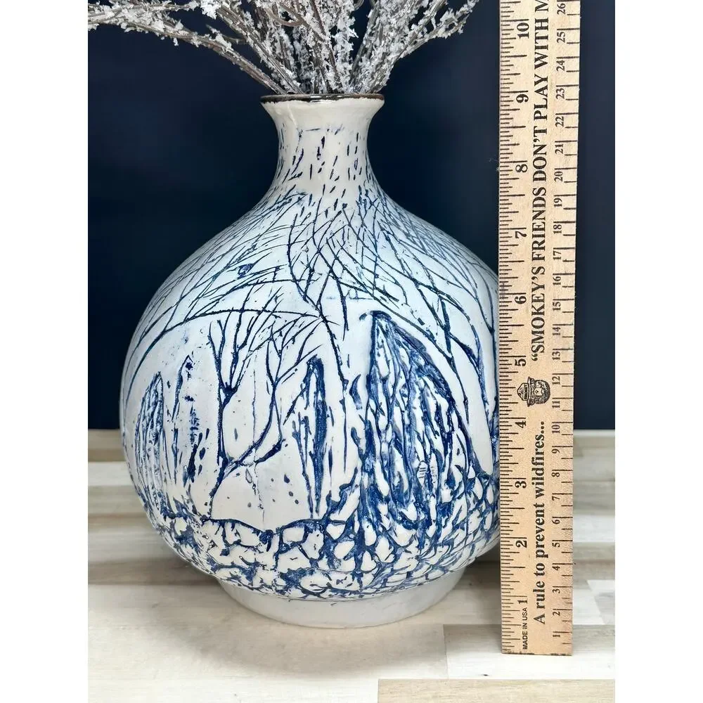 Large Studio Pottery Vase Blue White Textured Forest Trees Cottagecore Décor 11”
